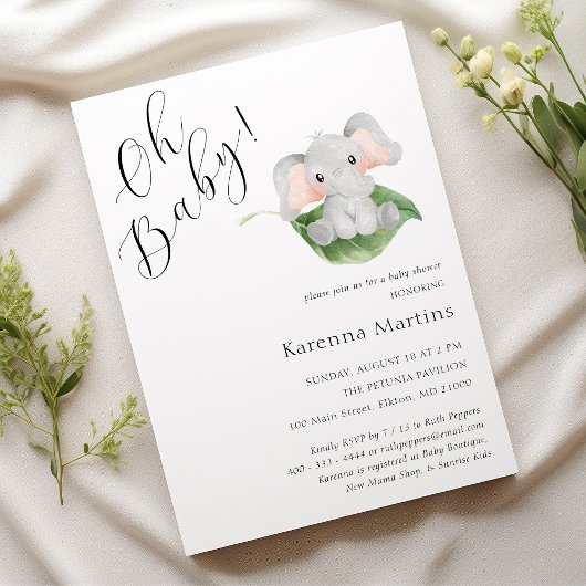 Modern Elephant Greenery Oh Baby shower Kaart