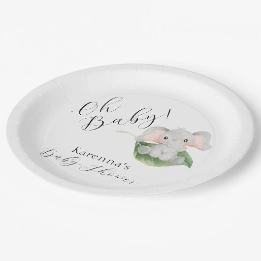 Modern Elephant Greenery Oh Baby shower Papieren Bordje (Gekanteld)