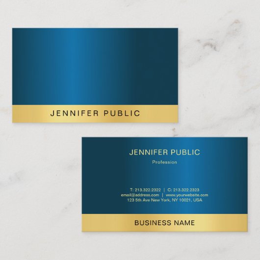Modern Elite Design Blauw en Goud Professioneel Visitekaartje (Voorkant / Achterkant)