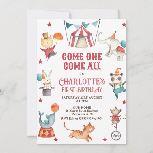 Modern Elk Geslacht Rood Circus 1e Verjaardag Kaart (Voorkant)