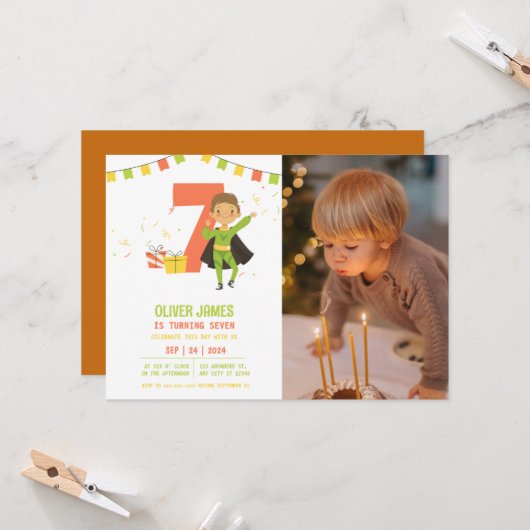 Modern, elke leeftijd Superhero jongen foto verjaa Kaart (Voorkant / Achterkant in situ)