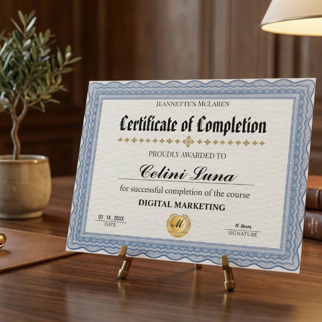 Modern Ellegant Blauw en Goud Certificaat van Volt (Celebrate Achievements with Personalized Trophies  )