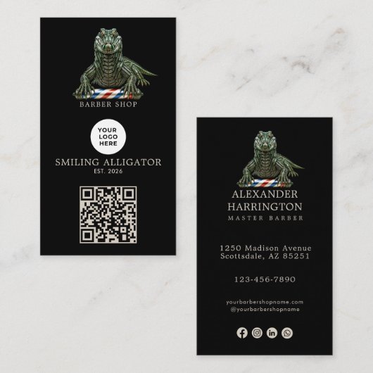 Modern Emerald Alligator Kapperszaak Logo Qr Code Visitekaartje (Voorkant / Achterkant)