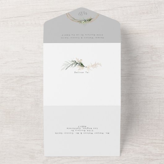 Modern Emerald Boho Tropical Eucalyptus Wedding All In One Uitnodiging (Buitenkant)