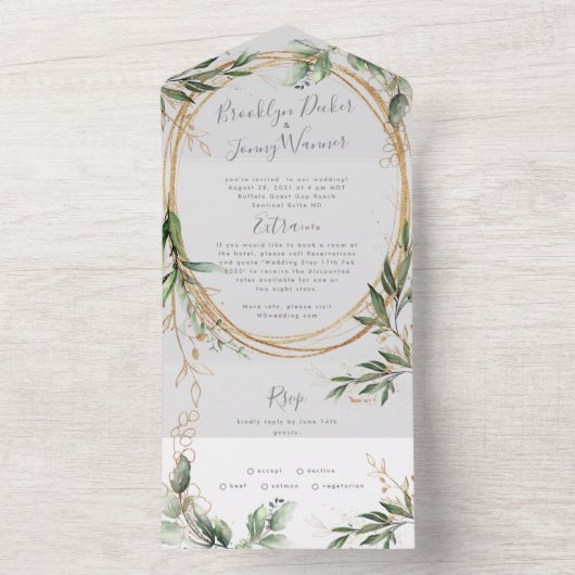 Modern Emerald Boho Tropical Eucalyptus Wedding All In One Uitnodiging (Binnen)