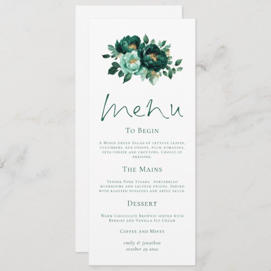 Modern Emerald en Gouden Bloemen Wedding Menu Kaar Kaart (Voorkant / Achterkant)