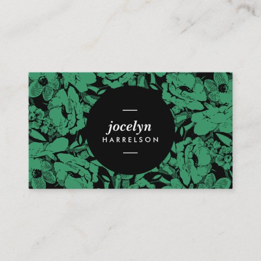 Modern Emerald Flowers Black Circle Visitekaartje (Voorkant)