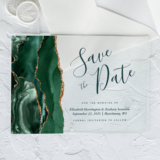 Modern Emerald Gold Agaat Green Save the Date Kaar Acryl Uitnodigingen