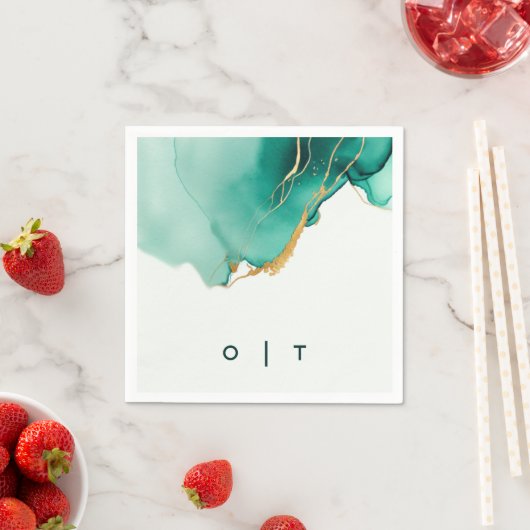 Modern Emerald Gold Blauwgroen Monogram Beach Brui Servet (Insitu)