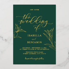 Modern Emerald Gold Calligraphy Botanical Wedding Folie Uitnodiging
