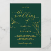 Modern Emerald Gold Calligraphy Botanical Wedding Folie Uitnodiging (Voorkant)