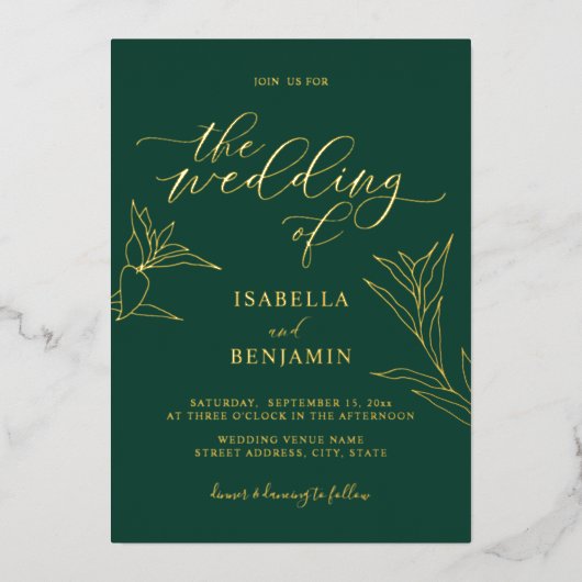 Modern Emerald Gold Calligraphy Botanical Wedding Folie Uitnodiging (Voorkant)