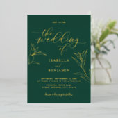 Modern Emerald Gold Calligraphy Botanical Wedding Folie Uitnodiging (Staand Voorkant)
