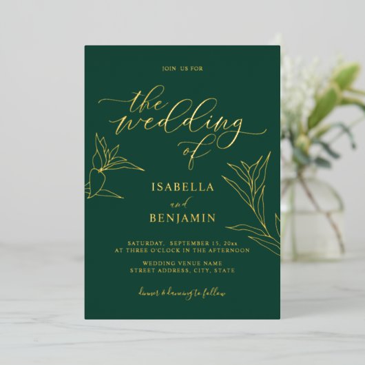 Modern Emerald Gold Calligraphy Botanical Wedding Folie Uitnodiging (Staand Voorkant)