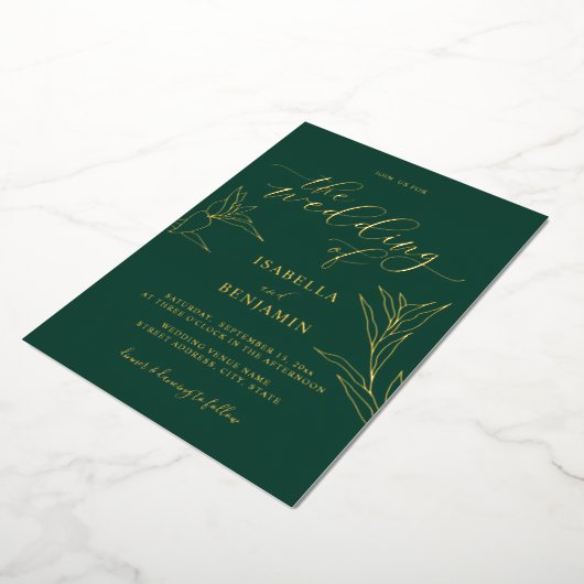 Modern Emerald Gold Calligraphy Botanical Wedding Folie Uitnodiging (Gedraaid)