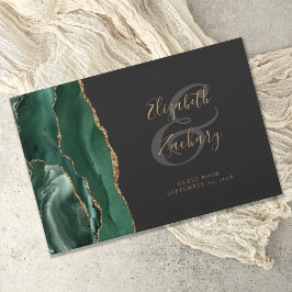 Modern Emerald Green Agate Gold Script Dark Gastenboek