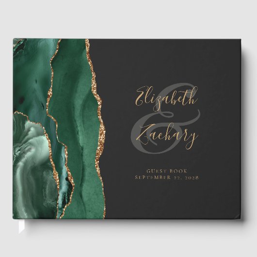 Modern Emerald Green Agate Gold Script Dark Gastenboek (Voorkant)