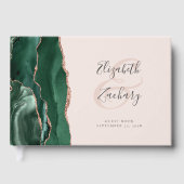 Modern Emerald Green Agate Roos Gold Script Blush Gastenboek (Voorkant)