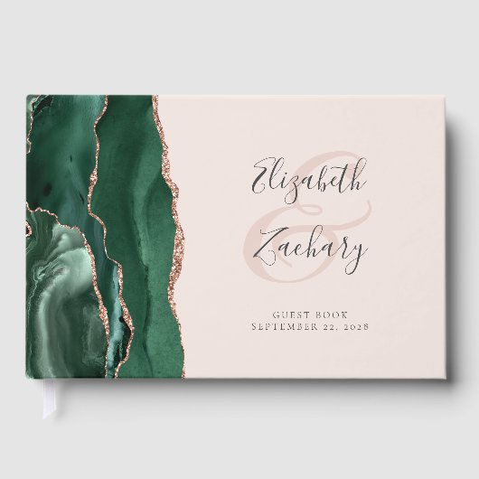 Modern Emerald Green Agate Roos Gold Script Blush Gastenboek (Voorkant)