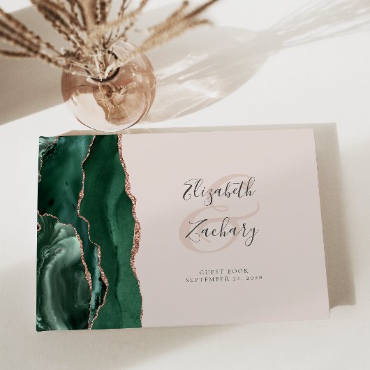 Modern Emerald Green Agate Roos Gold Script Blush Gastenboek