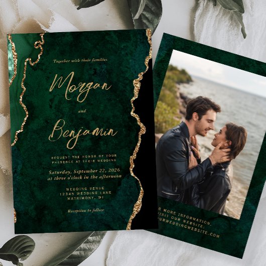 Modern Emerald Green Agate Script Photo Wedding Kaart