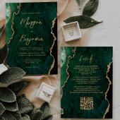 Modern Emerald Green Agate Script QR Code Wedding Kaart