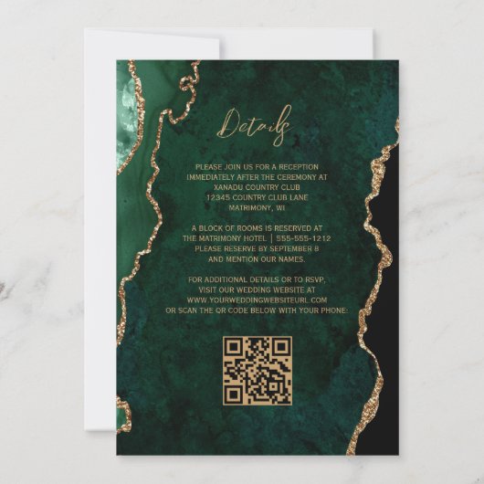 Modern Emerald Green Agate Script QR Code Wedding Kaart (Achterkant)