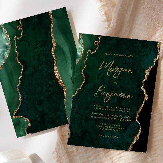 Modern Emerald Green Agate Script Weddenschap Kaart