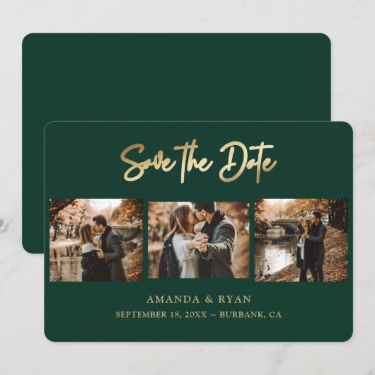Modern Emerald Green and Gold Foil Wedding 3 Foto Save The Date (Voorkant / Achterkant)