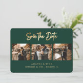 Modern Emerald Green and Gold Foil Wedding 3 Foto Save The Date (Staand voorkant)
