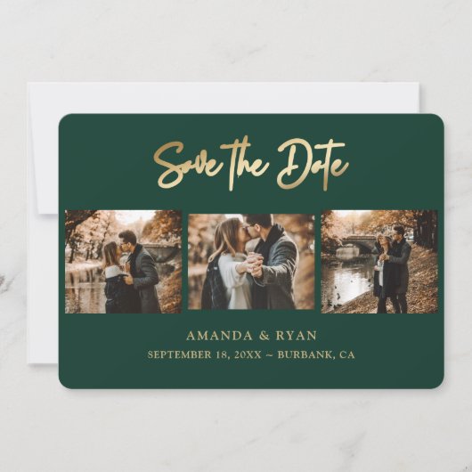 Modern Emerald Green and Gold Foil Wedding 3 Foto Save The Date (Voorkant)