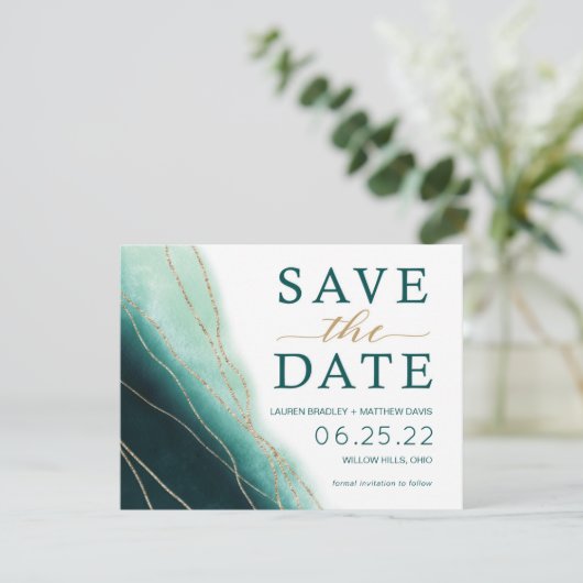Modern Emerald Green and Gold Waterverf Save The Date (Staand voorkant)