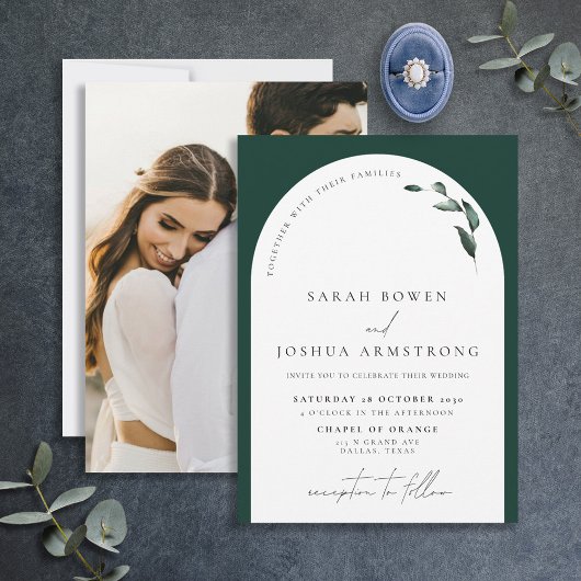 Modern Emerald Green Arch Botanical Photo Wedding Kaart