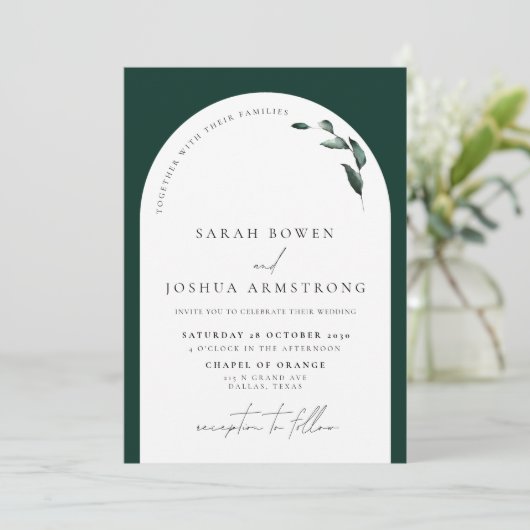 Modern Emerald Green Botanical Script Wedding Kaart (Staand voorkant)