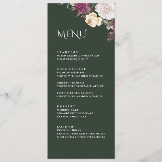 Modern Emerald Green Burgundy Peonies Menu Kaart (Voorkant)