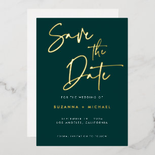 Modern Emerald Green Calligraphy Wedding Save Date Folie Uitnodiging