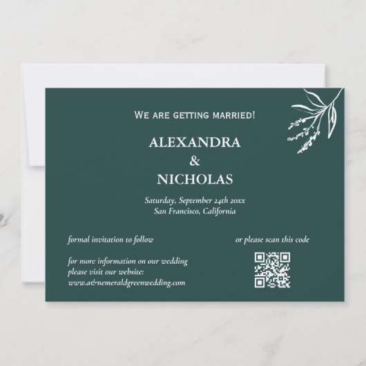 Modern Emerald Green & Foto QR Code Huwelijk Save The Date (Achterkant)