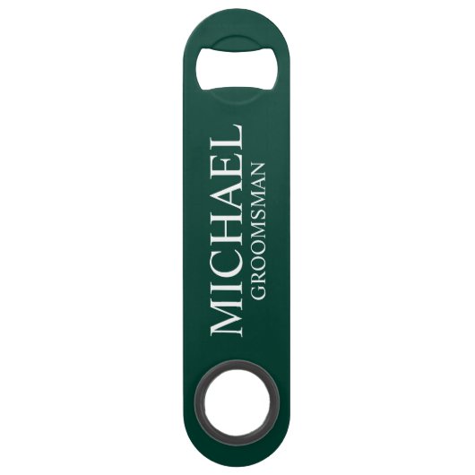 Modern Emerald Green Gepersonaliseerde Groomsman Speed Flessenopener (Voorkant)