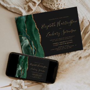 Modern Emerald Green Gold Agate Dark Wedding Kaart
