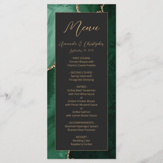 Modern Emerald Green Gold Agate Dark Wedding Menu (Voorkant)