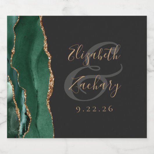 Modern Emerald Green Gold Agate Dark Wedding Sparkling Wijnetiket (Enkel label)