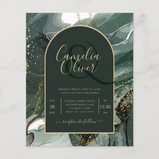 Modern Emerald Green Gold Agate Marble WEDDING Flyer (Voorkant)