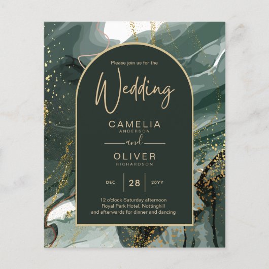 Modern Emerald Green Gold Agate Marble WEDDING Flyer (Voorkant)