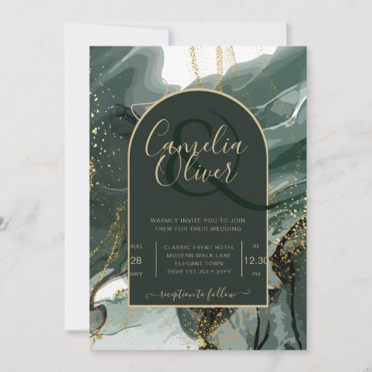 Modern Emerald Green Gold Agate Marble WEDDING Kaart (Voorkant)