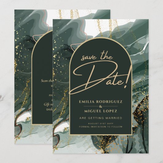 Modern Emerald Green Gold Agate Marble WEDDING Kaart (Voorkant / Achterkant)