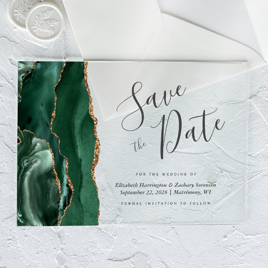 Modern Emerald Green Gold Agate Save the Date Kaar Acryl Uitnodigingen