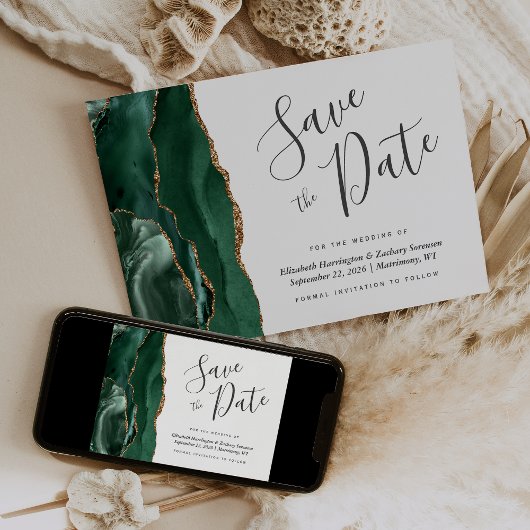 Modern Emerald Green Gold Agate Save the Date Kaar Kaart