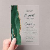 Modern Emerald Green Gold Agate Script Weddenschap Acryl Uitnodigingen (Insitu (Draagbaar))
