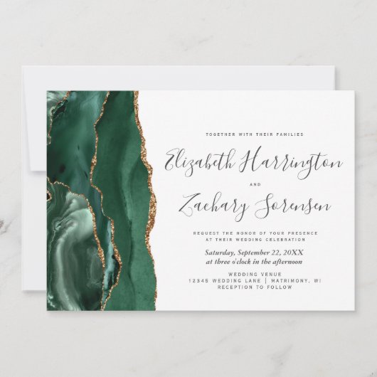Modern Emerald Green Gold Agate Wedding Kaart (Voorkant)