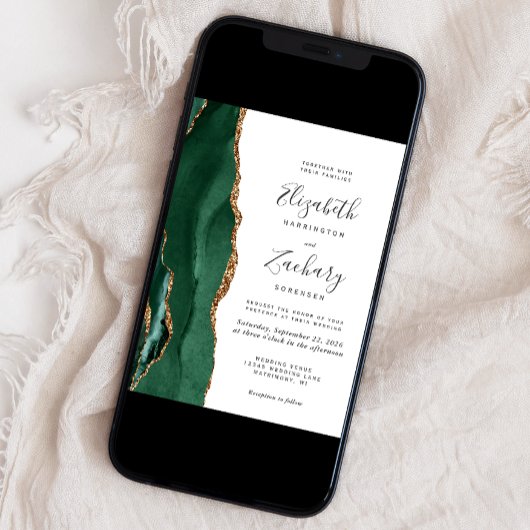 Modern Emerald Green Gold Agate Wedding Kaart